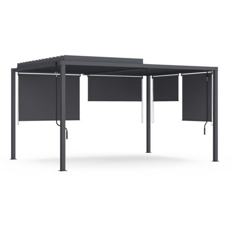 Pergola bioclimatica con lamelle orientabili in policarbonato 3x4M e 4 tende grigio antracite