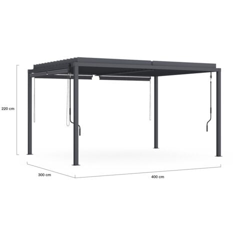 Pergola bioclimatica con lamelle orientabili in policarbonato 3x4M e 4 tende grigio antracite