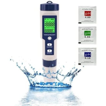 Misuratore di pH Tester elettronico di pH, tester per acqua da piscina 5 in 1 con retroilluminazione, PH/TDS/EC/Salinità/Temperatura con ATC, misuratore di pH ad alta precisione con risoluzione 0,01,