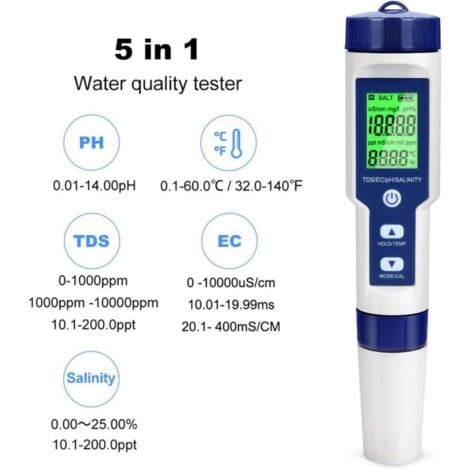 Misuratore di pH Tester elettronico di pH, tester per acqua da piscina 5 in 1 con retroilluminazione, PH/TDS/EC/Salinità/Temperatura con ATC, misuratore di pH ad alta precisione con risoluzione 0,01,
