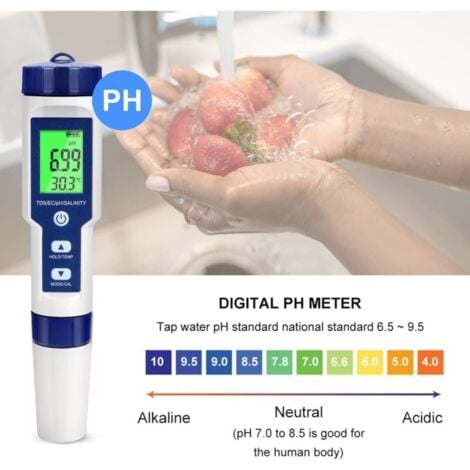 Misuratore di pH Tester elettronico di pH, tester per acqua da piscina 5 in 1 con retroilluminazione, PH/TDS/EC/Salinità/Temperatura con ATC, misuratore di pH ad alta precisione con risoluzione 0,01,