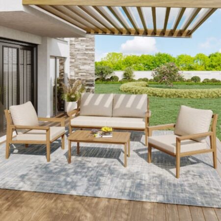 Set di divani da giardino 4 posti, 1 divano 2 posti + 2 poltrone + Tavolini bassi fissi con tutti i cuscini, legno, naturale