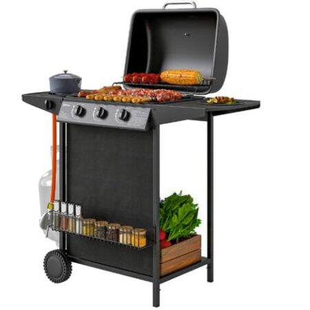 Outsunny BBQ a Gas con 4 Bruciatori Indipendenti e Coperchio con Termometro Nero