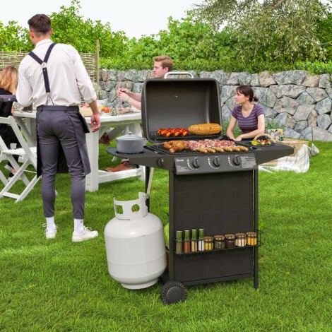 Outsunny BBQ a Gas con 4 Bruciatori Indipendenti e Coperchio con Termometro Nero