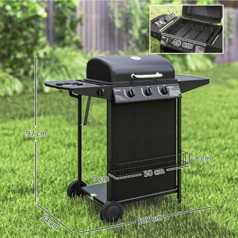 Outsunny BBQ a Gas con 4 Bruciatori Indipendenti e Coperchio con Termometro Nero