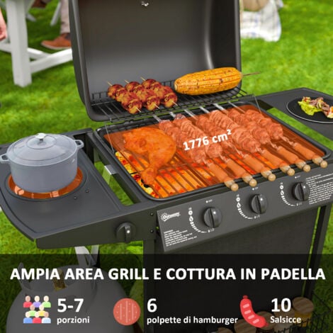 Outsunny BBQ a Gas con 4 Bruciatori Indipendenti e Coperchio con Termometro Nero