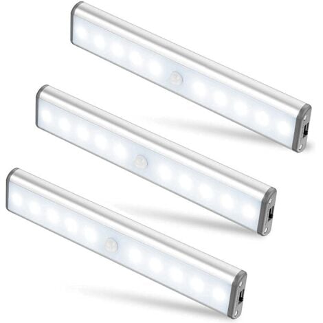 Set di 3 lampade da 10 LED, senza fili, ricaricabili tramite USB, magnetiche, con sensore di movimento, 2 modalità di illuminazione, portatili. Luce per armadio, lampada di emergenza, luce notturna pe