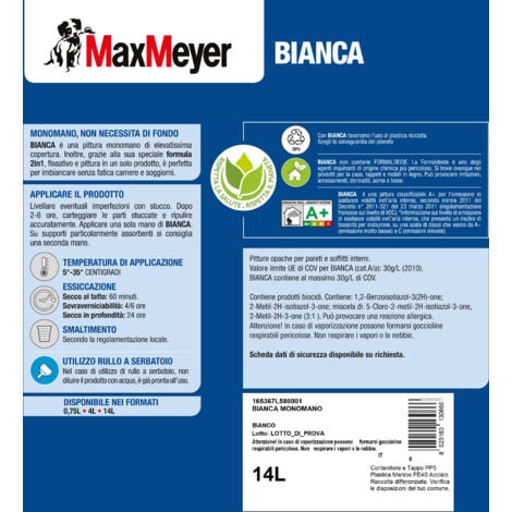 MaxMeyer Bianca, Pittura per Interni Lavabile Monomano 2-in-1, Bianco, 14L