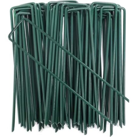 100 picchetti da terra in acciaio zincato verde, ancoraggio a terra da giardino a forma di U per tessuto pacciamante, 150x25 mm, Ø 3 mm, verde