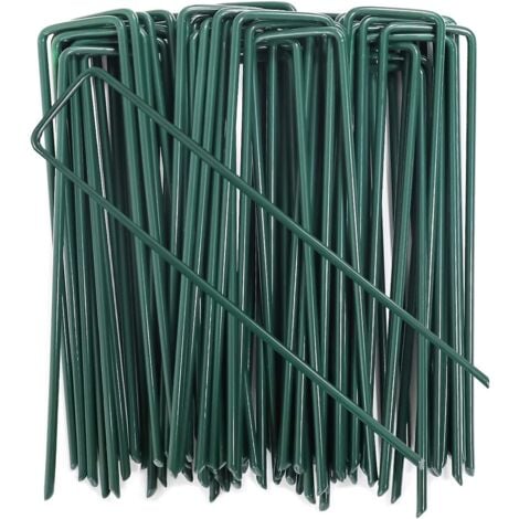 100 picchetti da terra in acciaio zincato verde, ancoraggio a terra da giardino a forma di U per tessuto pacciamante, 150x25 mm, Ø 3 mm, verde