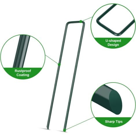 100 picchetti da terra in acciaio zincato verde, ancoraggio a terra da giardino a forma di U per tessuto pacciamante, 150x25 mm, Ø 3 mm, verde