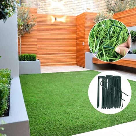100 picchetti da terra in acciaio zincato verde, ancoraggio a terra da giardino a forma di U per tessuto pacciamante, 150x25 mm, Ø 3 mm, verde