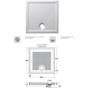 Piatto doccia 80 x 80 h6,5 cm. in ceramica. Installazione da appoggio o filo pavimento. Bianco lucido. DV080BI