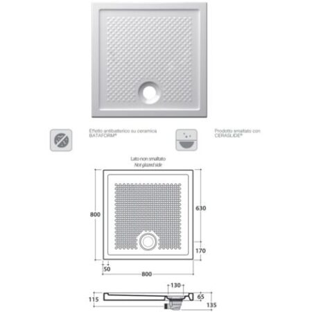 Piatto doccia 80 x 80 h6,5 cm. in ceramica. Installazione da appoggio o filo pavimento. Bianco lucido. DV080BI