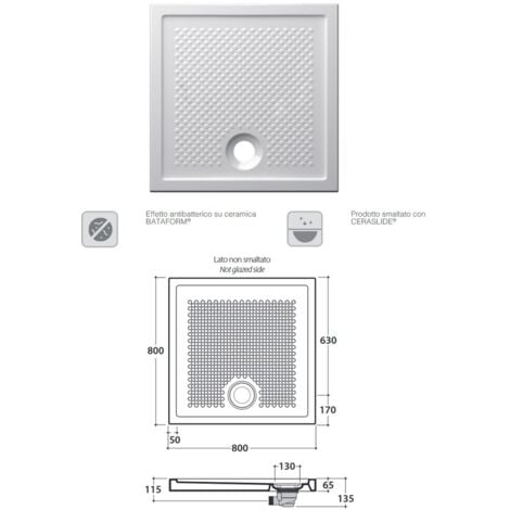 Piatto doccia 80 x 80 h6,5 cm. in ceramica. Installazione da appoggio o filo pavimento. Bianco lucido. DV080BI