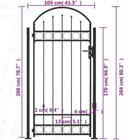 vidaXL Cancello per Recinzione ad Arco con 2 Pali 105x204 cm Nero