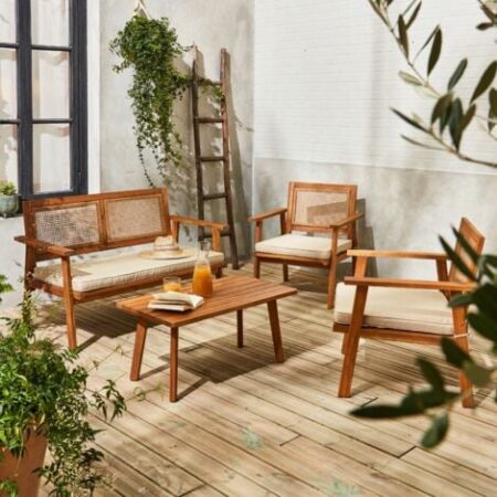 Salotto da giardino in legno e canna per 4 persone