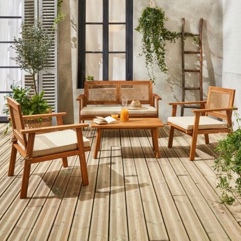 Salotto da giardino in legno e canna per 4 persone