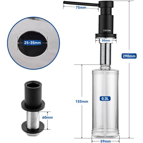 Cecipa Dispenser Sapone da Cucina Con Contenitore da 300 ml + Tubo di Prolunga in Silicone da 1,25 m - Dispenser di Sapone per Lavello da Cucina Sottopiano - Nero