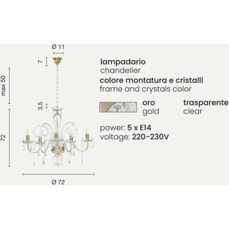 Lampadario a sospensione in cristallo D72 cm MARIATERESA liscio 5 luci