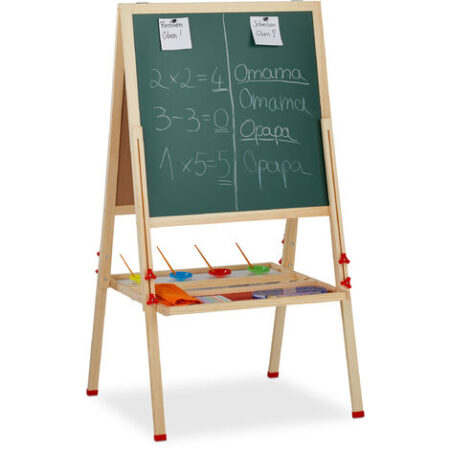 Relaxdays Lavagnetta per Bambini, Regolabile in Altezza & Magnetica in Legno, 122-160 x 65x 69 cm, Legno Naturale
