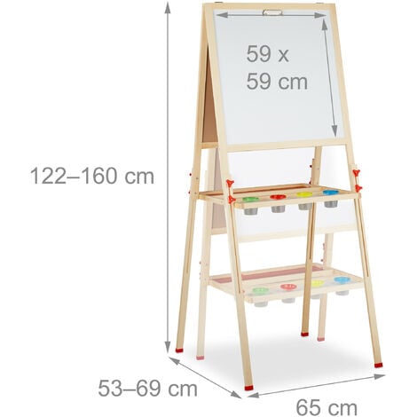 Relaxdays Lavagnetta per Bambini, Regolabile in Altezza & Magnetica in Legno, 122-160 x 65x 69 cm, Legno Naturale