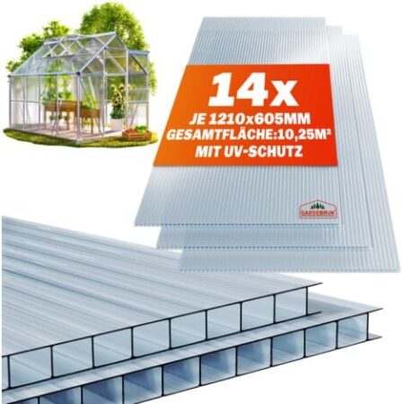 GARDEBRUK® 14x Pannelli Alveolari in Policarbonato da Giardino 60,5 x 121cm Lastra Doppia da 4 mm Copertura Trasparente per Serra