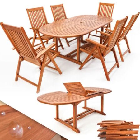 CASARIA® Set di mobili da giardino in legno 6 sedie con tavolo certificato FSC® con portaombrellone braccioli sedie pieghevoli giardino terrazza 7 pz. eucalipto