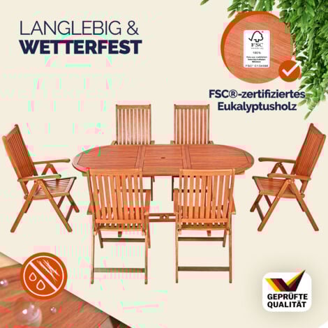 CASARIA® Set di mobili da giardino in legno 6 sedie con tavolo certificato FSC® con portaombrellone braccioli sedie pieghevoli giardino terrazza 7 pz. eucalipto