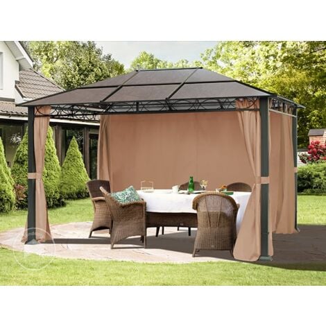 Gazebo da Giardino 3x4 m - 100% impermeabile – ALU DELUXE - con 4 teli laterali – Gazebo color ocra – tetto in lastre di Policarbonato