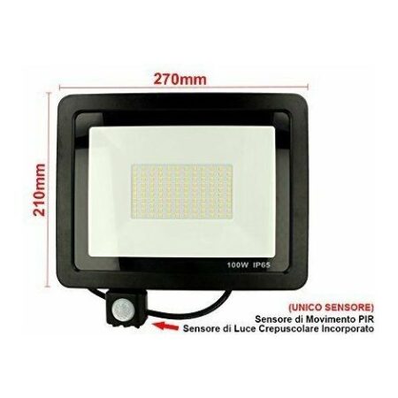 Faro LED 100W Faretto Slim Con Sensore Movimento PIR luce fredda 6000k IP66