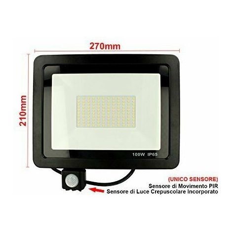 Faro LED 100W Faretto Slim Con Sensore Movimento PIR luce fredda 6000k IP66