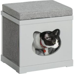 PawHut Cuccia Casetta per Gatti in Legno con 2 Cuscini e Tiragraffi