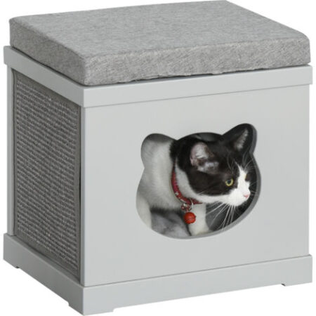 PawHut Cuccia Casetta per Gatti in Legno con 2 Cuscini e Tiragraffi