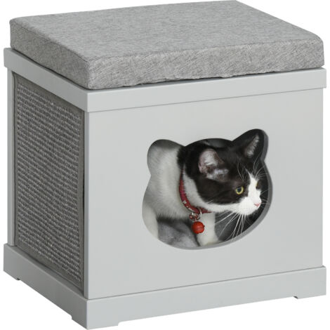 PawHut Cuccia Casetta per Gatti in Legno con 2 Cuscini e Tiragraffi