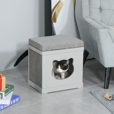 PawHut Cuccia Casetta per Gatti in Legno con 2 Cuscini e Tiragraffi