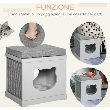 PawHut Cuccia Casetta per Gatti in Legno con 2 Cuscini e Tiragraffi