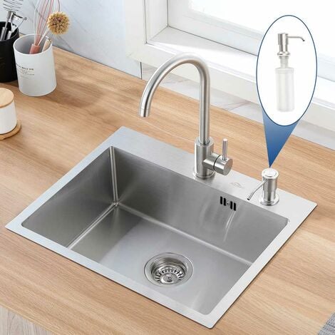 Auralum Lavello da Cucina 1 vasca in Acciaio Inox Spazzolato con 300ml Dispenser Sapone 55x45 cm Lavandino Cucina da Incasso con Troppopieno Senza Piombo Protezione Ambientale