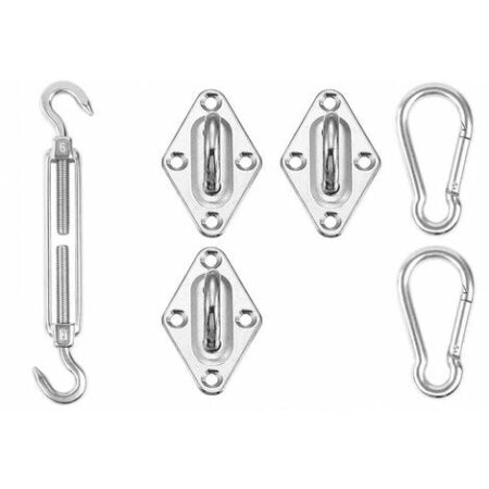 Kit di Fissaggio per Vela da sole Triangolare in acciaio inox: 3 Fissaggi a muro, 2 Moschettoni e 1 Tensore