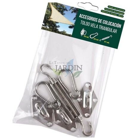 Kit di Fissaggio per Vela da sole Triangolare in acciaio inox: 3 Fissaggi a muro, 2 Moschettoni e 1 Tensore