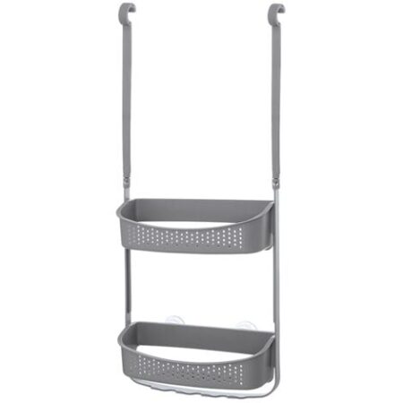 Mensola doccia grigia in PVC con 2 ripiani e ganci inferiori