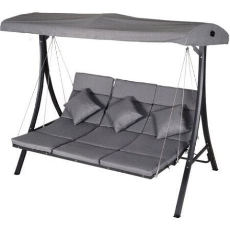 easycomfort dondolo da giardino a 3 posti, dondolo da esterno con chaise longue e tetto regolabile, nero e grigio, 200 x 115 x 168 cm