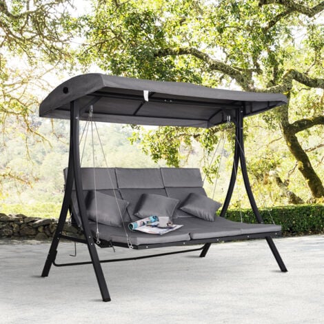 easycomfort dondolo da giardino a 3 posti, dondolo da esterno con chaise longue e tetto regolabile, nero e grigio, 200 x 115 x 168 cm