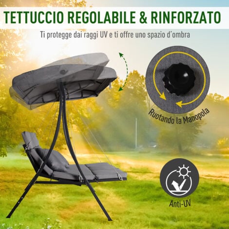 easycomfort dondolo da giardino a 3 posti, dondolo da esterno con chaise longue e tetto regolabile, nero e grigio, 200 x 115 x 168 cm