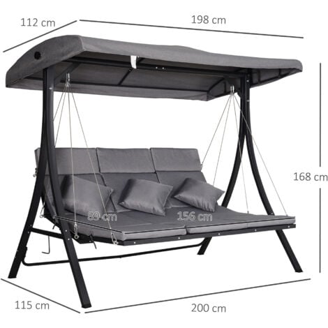 easycomfort dondolo da giardino a 3 posti, dondolo da esterno con chaise longue e tetto regolabile, nero e grigio, 200 x 115 x 168 cm
