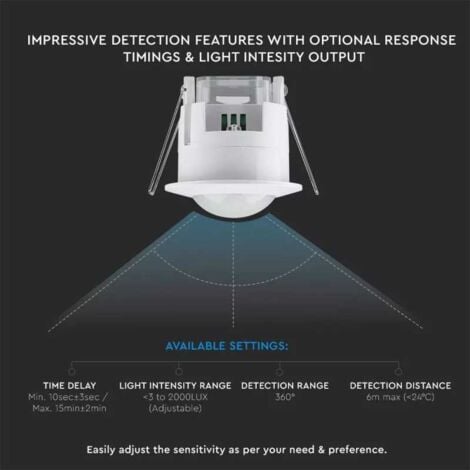 V-TAC VT-8029 Sensore di movimento infrarossi PIR 360° a incasso da soffitto  IP20 sku 5090