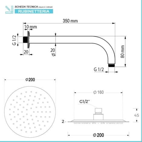 Set doccia cromo braccio tondo 35 cm + soffione tondo 20 cm in acciaio