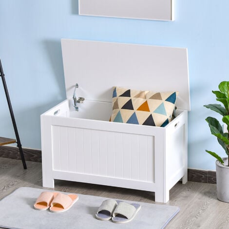 HOMCOM Panca Contenitore con Coperchio con Blocco di Sicurezza 81x40x46cm Bianco