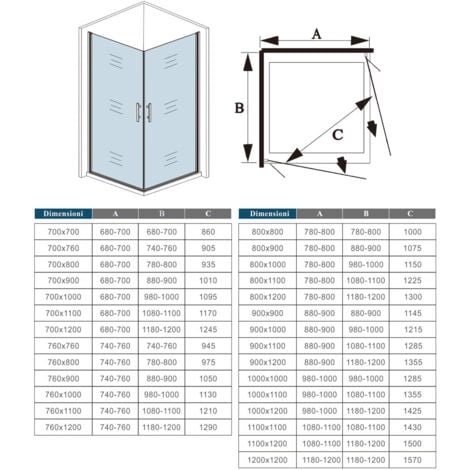 185 cm Box doccia Angolare Doppia Porta Battente Vetro Temperato 5 mm Trasparente Profilo Argento Opaco 80x80 cm