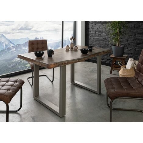 FREEFORM 5 Tavolo da pranzo in legno di acacia - laccato grigio / gambe in ferro - argento mat 140x90x77
